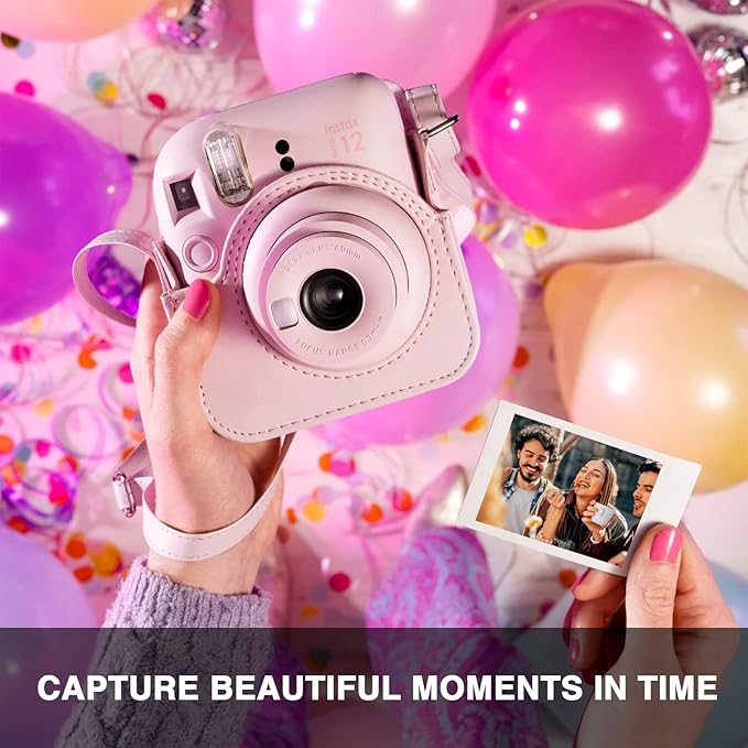 CAIYOULE Camera Case for Fujifilm Instax Mini 12 Instant Film Camera, Retro PU Leather Protective Camera Crossbody Bag for Fuji Mini 12 with 64 Photo Album, Adjustable Shoulder Strap, Blossom Pink