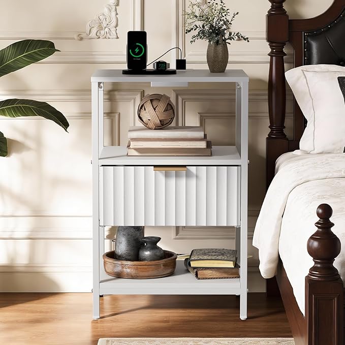 Bonnlo Fluted Nightstand with Charging Station, End Table with Fabric Drawer, Night Stand with Storage Shelf & Handle, Fluted Side Table for Bedroom/Living Room, White