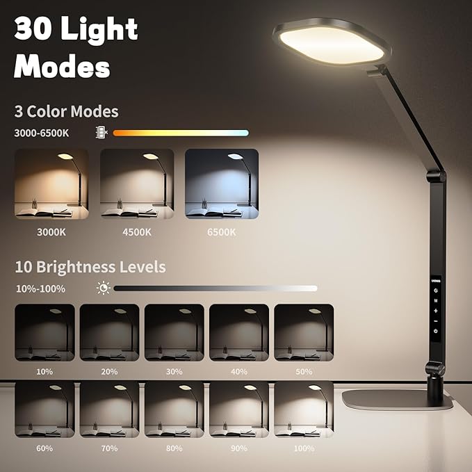 LED Desk Lamp for Home Office, Eye-Caring Diffused Desk Light, 3 Color Temperature 10 Brightness Computer Light, Dimmable Desk Light with Memory & Timer Func, Metal Swing Arm Table Lamp