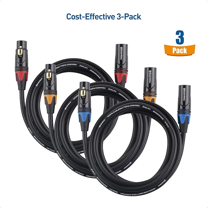 Cable Matters 3-Pack Color-Coded Premium Shielded XLR Cables - 6ft, Oxygen-Free Copper (OFC) XLR Microphone Cable Male to Female, Black