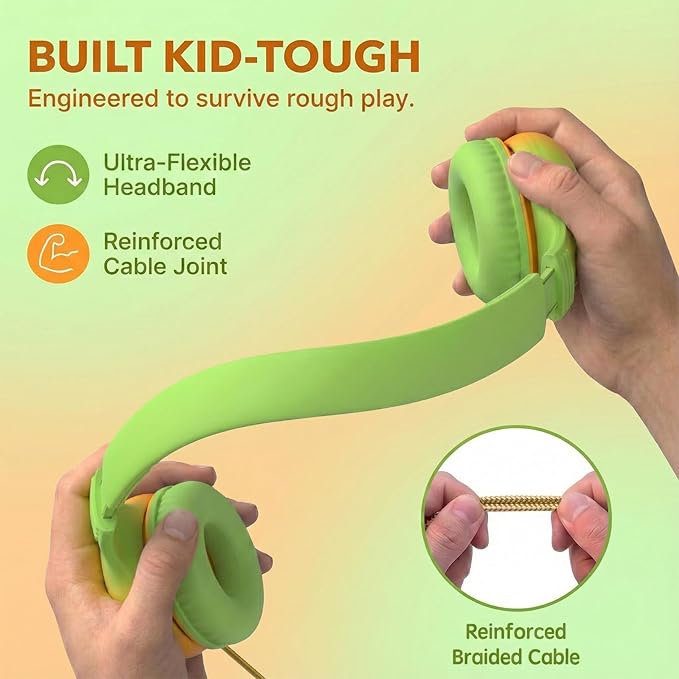 Wired Kids Headphones with USB C Plug, 85dB Safe Volume, Adjustable Headband, Tangle-Free Cord Headphones for School, Tablet, Travel (Lime Green & Orange, Without Microphone)