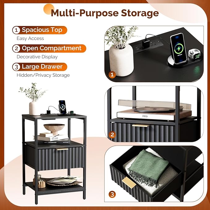 Bonnlo Fluted Nightstand Set of 2, End Table with Fabric Drawer with Charging Station, Night Stand with Storage Shelf & Handle, Fluted Side Table for Bedroom/Living Room,Black