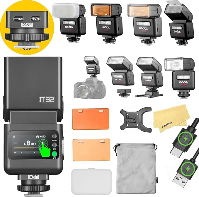 GODOX iT32 TTL Camera Flash with X5F Flash Trigger for Fuji Camera,Magnetic Hotshoe & Trigger 2-in-1,Touch Color Screen,Rotatable Flash Head,LED Modeling Lamp,1.5s Recycle Time,510 Full Power Flashes