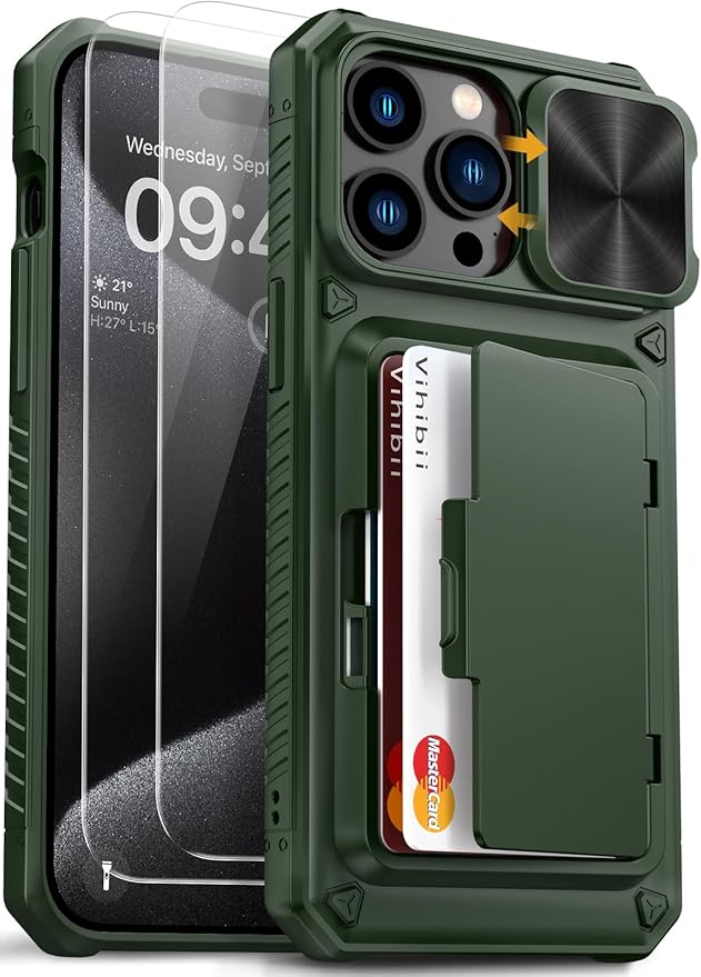 Vihibii for iPhone 15 Pro Max Case with Card Holder (4 Cards), Built-in 2X Tempered Glass Screen Protector & Slide Camera Cover & Kickstand, Military Grade Drop Protection, Rugged Wallet Case, Green
