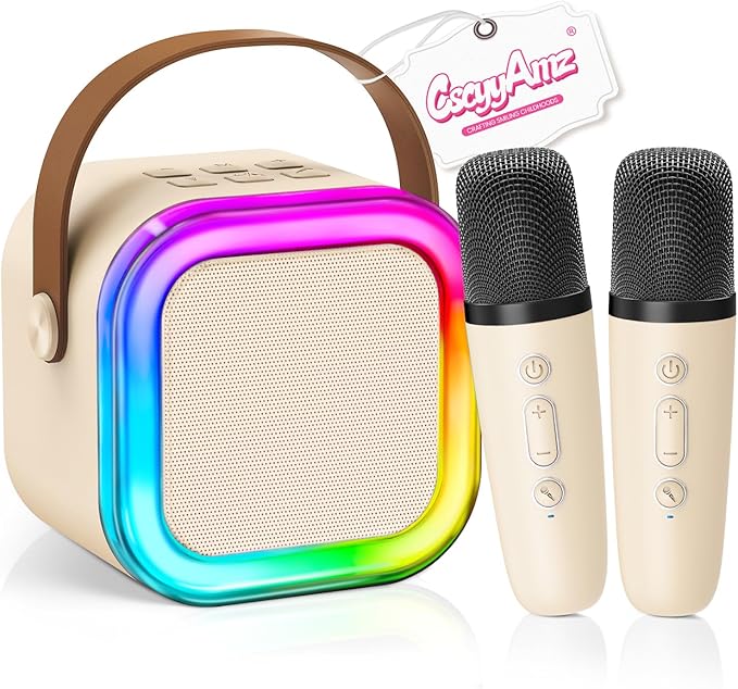 【2026 Newest】 Mini Karaoke Machine for Kids Girls & Boys - Portable Bluetooth Speaker with 2 Wireless Microphones - Kids Birthday Gifts for Ages 4-10 - Kids' Instrument Accessories - Beige