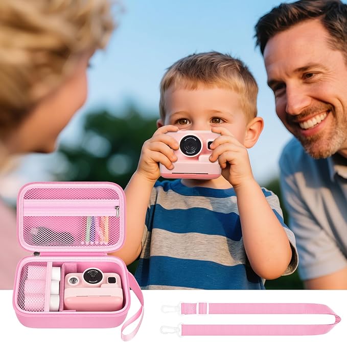 Kids Instant Print Camera Case for Dylanto/for Gofunly/for DUDUDRAGON/for ESOXOFFORE, Digital Video Camera Storage Box with 3 Roll Papers, Holder for Color Pen and Accessories (Bag Only)- Pink
