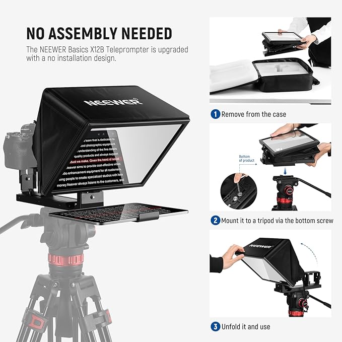NEEWER Basics X12B Aluminum Alloy Liftable Teleprompter 12" Compatible with iPhone iPad Tablet Phone Camera, No Assembly/Remote & App Control with Cleaning Cloth, for Online Teaching Live Streaming