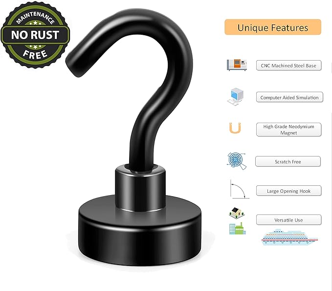 Neosmuk Magnetic Hooks, Cruise Ship Essentials, 30lb+ Heavy Duty Magnetic Hooks for Cruise Cabins, Refrigerator, Grill, Hanging, and Travel | Extra Strong Must-Haves Magnet Hook,Black,5 Pack