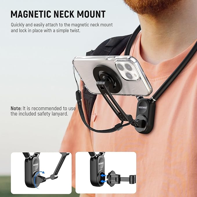 NEEWER GP-16 Magnetic Neck Mount for Action Camera & Phone with Cleaning Cloth Chest Mount Phone Holder for POV Video Recording Vlogging Compatible with GoPro DJI Insta360 MagSafe iPhone Android