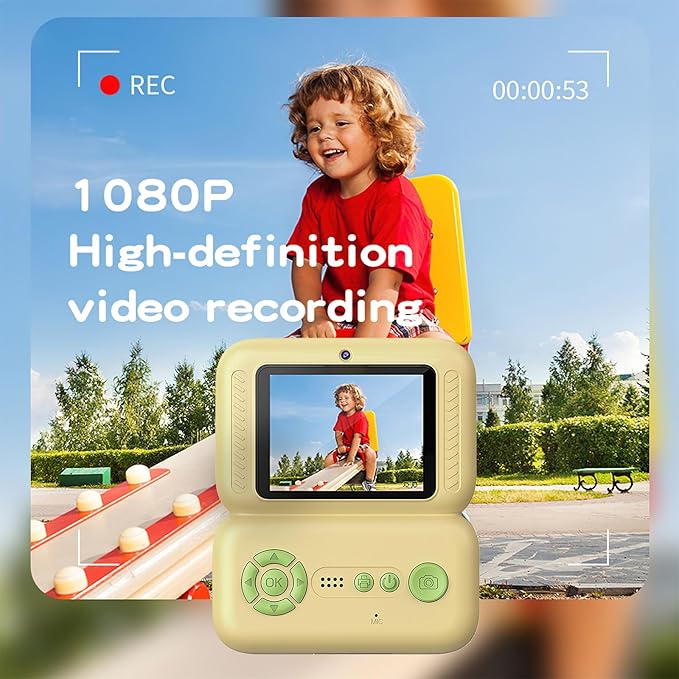 Kids Camera Instant Print, Instant Camera with 4 Roller Photo Paper & 32GB Card, 1080P Dual-Lens Digital Camera for Kids, Boys and Girls Toys Gifts for Teenage Girls Kids Toys for Ages 8-13 (Beige)