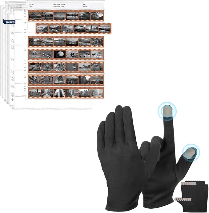 35mm Film Holder 135-7, Pack of 30 Acid Free Film Negative Sleeves, 35mm Negative Sleeves for Film Negative Storage & Black Cotton Gloves for Coin Handling, Jewelry, Photography