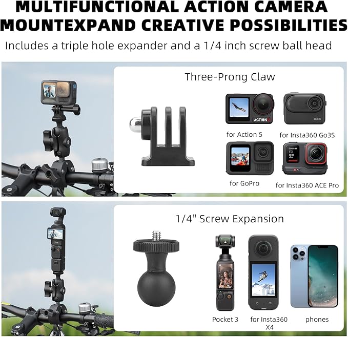BRDRC Motorcycle Mount for Insta 360 X4 X5, Bike Handlebar Clamp Mounts 59" Invisible Selfie Stick Bundle Kit for Insta360 X5 X4 X3 X2 X ONE, for DJI OSMO 360, for GoPro Camera Accessories