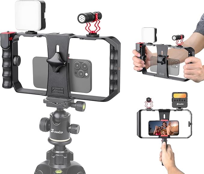 Zeadio Universal Smartphone Vlogging Kit with RGB Light & Microphone - Cell Phone Stabilizer Cage for iPhone/Android, Content Creator etc