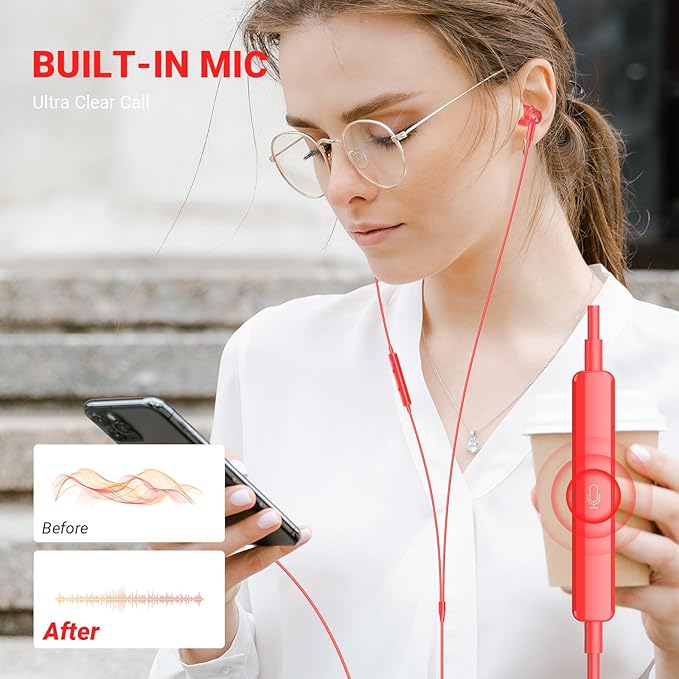 USB C Headphones for iPhone 17 Air 16 Pro Max 15, Type C Earphones with Microphone Magnet HiFi Stereo Wired Earbuds for Samsung Galaxy S26 S25 Ultra S24+ 23 A53 S21 S20 FE Flip 7 6 Fold/Pixel 10, Red