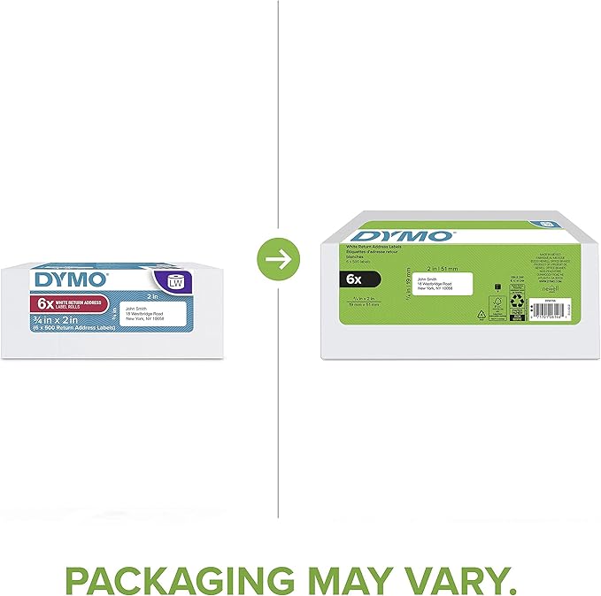 DYMO Authentic LW Return Address Labels for LabelWriter Label Printers, White, 3/4" x 2", 6 Rolls of 500 (3000 Total)