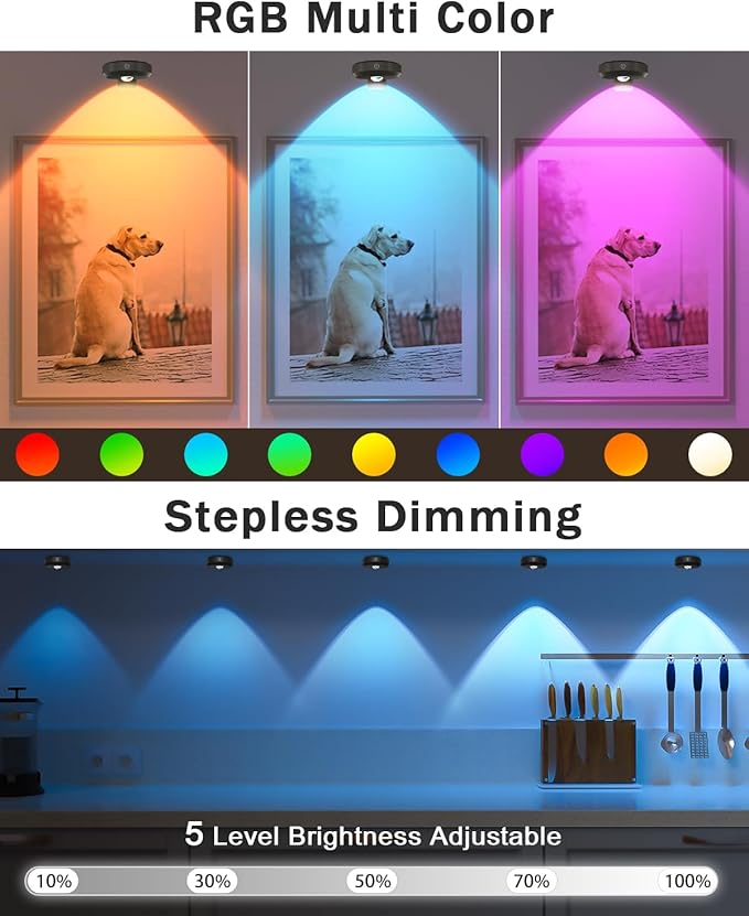 WILLED Picture Lights, 1200mAh Rechargeable Battery Operated Picture Lights, Puck Lights with Remote, 9 RGB Colors, Dimmable&Timer, Gallery Lights, Art Display Lighting for Paintings Wireless/3 Pack