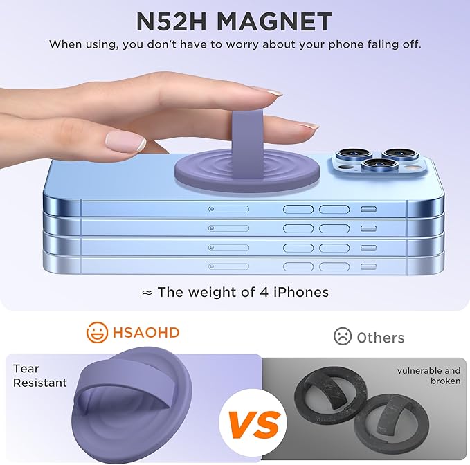 Upgraded Magnetic Phone Grip, Liquid Silicone Soft and Portable, Removable Finger Loop Ring Grip Holder for iPhone, Strong Magnetic Attraction, Compatible with MagSafe Phone Case, Lavender Gray