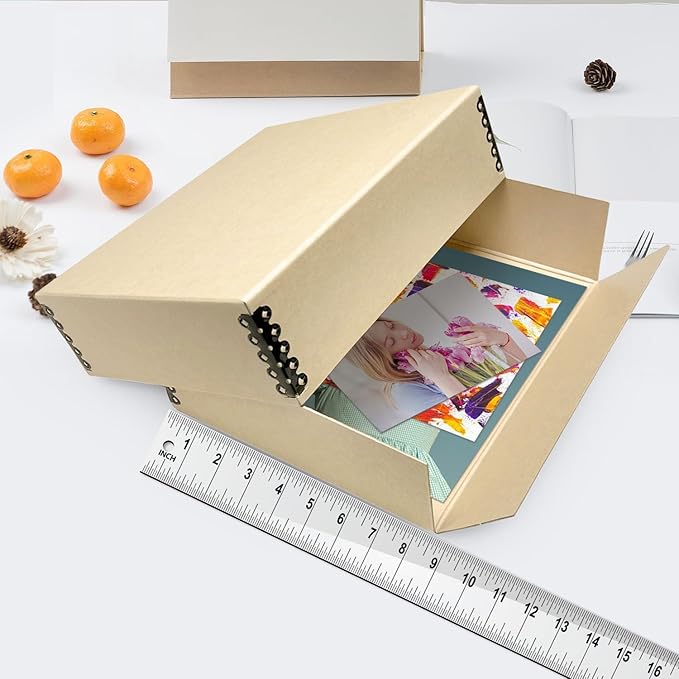 Lineco Museum Archival Storage Box, 8.75x10.75x3 in. Drop Front Design. Acid-Free with Metal Edge. Organize Photos, Pictures, Prints, Documents, Crafts, DIY. Tan, 2 Pack