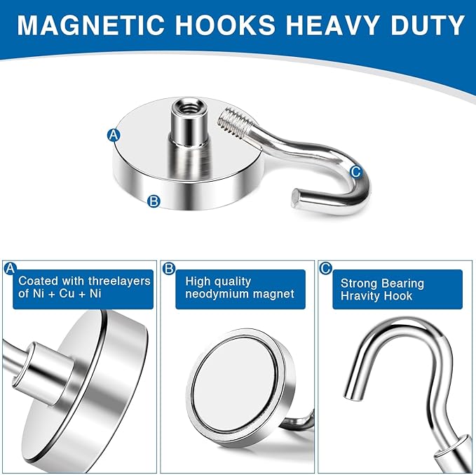 LOVIMAG Magnetic Hooks for Cruise Cabins, 50lbs Magnetic Hooks for Classroom, Strong Magnets with Hooks for Hanging, Neodymium Magnet Hooks for Fridge, Ceiling, Locker, Camper, Travel-12 Pcs