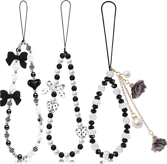 Ecally 3 Pcs Phone Charms Strap Camera Charm Strap Pearl Beaded Butterfly Bow Flower Cute Phone Wrist Lanyard Bracelet for Camera Keychain Wallet Decor Easter Gifts