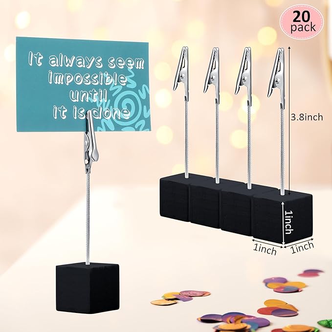 Gersoniel 20 Pcs Cube Base Memo Clip Holder with Alligator Clip Wood Table Number Holder Cube Base Place Card Stand Mini Photo Menu Stand for Displaying Number Card (Black)