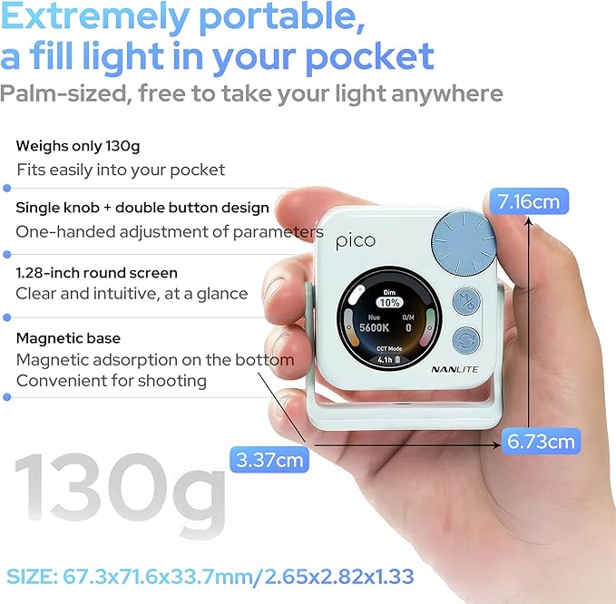 Nanlite Pico Portable LED Fill Light – Full Color RGB, Snap-On Attachment for Phone/Camera Photography, Live Streaming, Video Content Creation (Mint Blue)