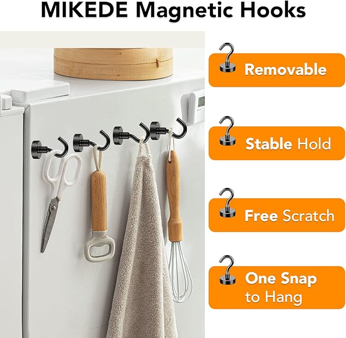 MIKEDE Magnetic Hooks, 30Lbs+ Black Heavy Duty Earth Magnets with Hook for Refrigerator, Strong Neodymium Magnetic Cruise Hooks for Hanging, Curtain, Grill and Kitchen - Pack of 4