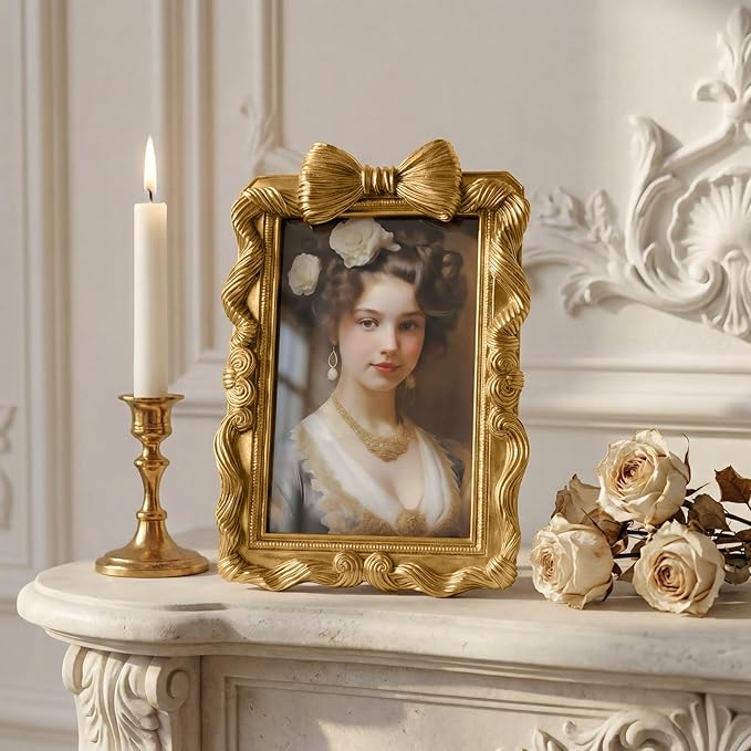 Cuspin 4x6 Picture Frame Gold Bow Frames, Vintage 4 by 6 Photo Frame with Bowknot Design, Ornate Handcrafted Resin Antique Frame with Glass Front for Wall and Tabletop Display, Home Decor, Gift Ideas