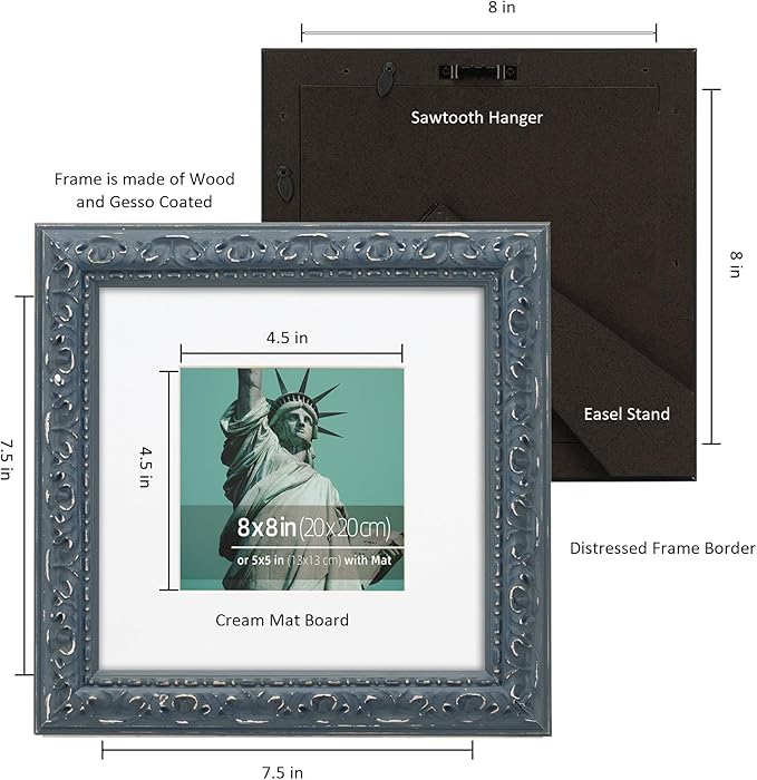 8x8 inch Distressed Wood Embossed Scroll Motif Vintage Antique Rustic Picture Frame, White Mat for 5x5 in Photo, Art Print Drawing, Wall Hanging or Desktop Display-Dark Blue