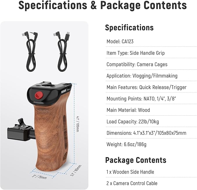 NEEWER Wooden Side Handle with Record Start/Stop Remote Trigger NATO Clamp 1/4" & 3/8" Threads Vertical Adjustment 22lb Load Compatible with SmallRig Camera Cage Sony Fujifilm Panasonic, CA123