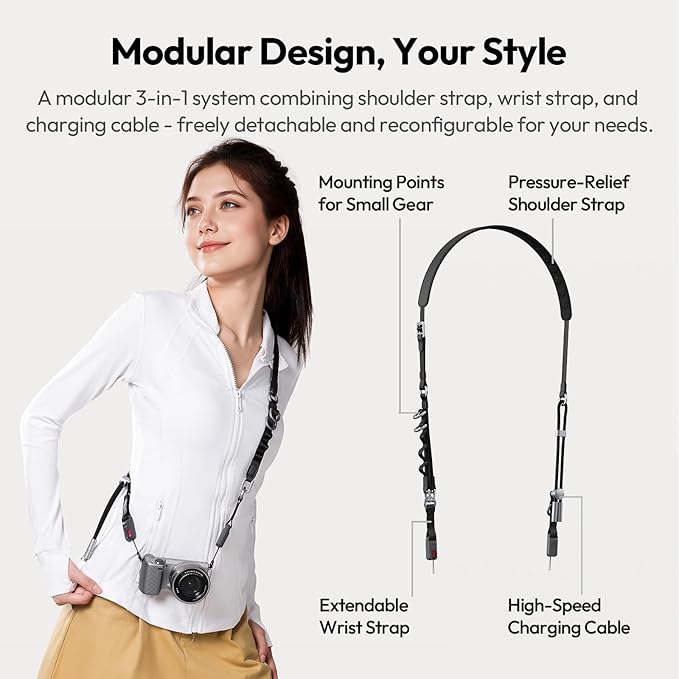ULANZI YF01 Camera Strap with USB C Cable, 3-in-1 Modular Quick Release Neck Shoulder Wrist Strap 71.9inch Length Adjustment, Multi-Use Convertible Crossbody Sling for DSLR Mirrorless Cam Phone(Black)