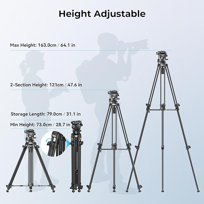SmallRig AD-50 Heavy Duty Tripod, Carbon Fiber Video Tripod, 64" Lightweight Travel Tripods with Step-Less Damping Fluid Head, Detachable Handle, Lift Rope, Load up to 13.2lb for Camcorder, Cameras