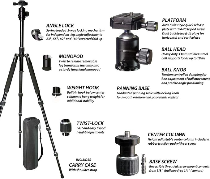 VidPro AT-72 VentureMaxx 72" Professional 4-Section Twist-Lock Aluminum Travel Tripod with Quick Release Ball Head, 20 lbs Capacity