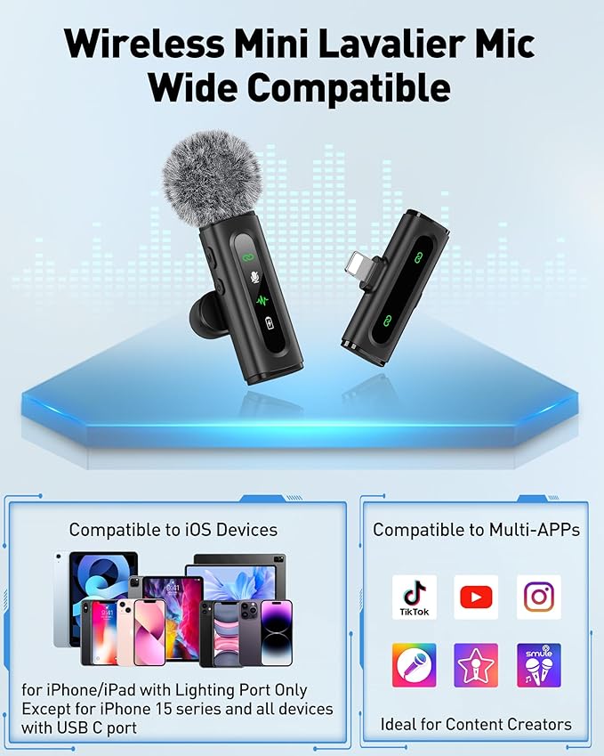 Wireless Lavalier Microphone for iPhone Recording Clip-on Mini Mic for iPhone/for iPad Video Recording with Rotatable Clip&Denoise Recording, Portable Mic Set for Content Creators