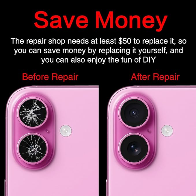 ASDAWN Back Rear Camera Lens Glass Replacement for iPhone 16 6.1 inch and 16 Plus 6.7 inch with Pre-Installed Adhesive, Back Lens Glass with Installation Manual + Repair Tool Set