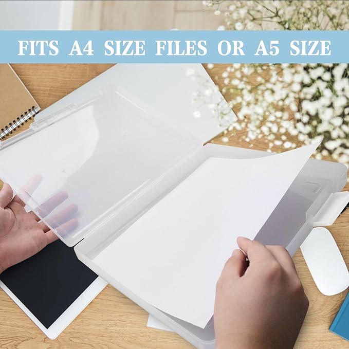 Olutacot 12 Pcs Clear A4 A5 File Box Document Plastic Storage Box with 48 Labels File Holder Organizer Box Paper Plastic Case Magazine Protector with Buckle Office School Supplies(White)