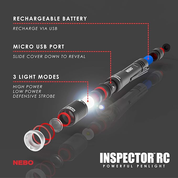 NEBO INSPECTOR RC Pen Light | 360 Lumens, 3 Light Modes, Rechargeable & AAA Battery Powered LED Flashlight, Waterproof, Compact & Durable, Pocket Clip for EDC, Includes USB Charging Cable