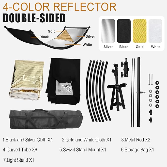 Clamshell Light Reflector Diffuser with Rolling Stand and Carrying Bag, 70"x24"/180x60cm Arclight Curved Lighting Reflector for Photo Studio Photography with White/Gold/Silver/Black Colors by MCCKLE