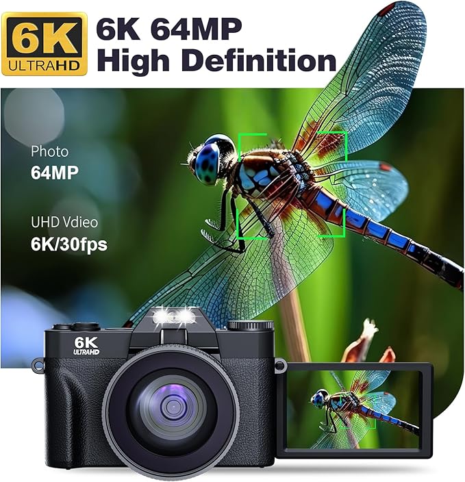 6K 64MP Digital Camera for Photography Vlogging Camera for YouTube, 180° Flip Screen, 16X Zoom Autofocus, Compact Travel Beauty Camera for Teens, 2 Batteries, with 52mm Lens, 32GB SD Card