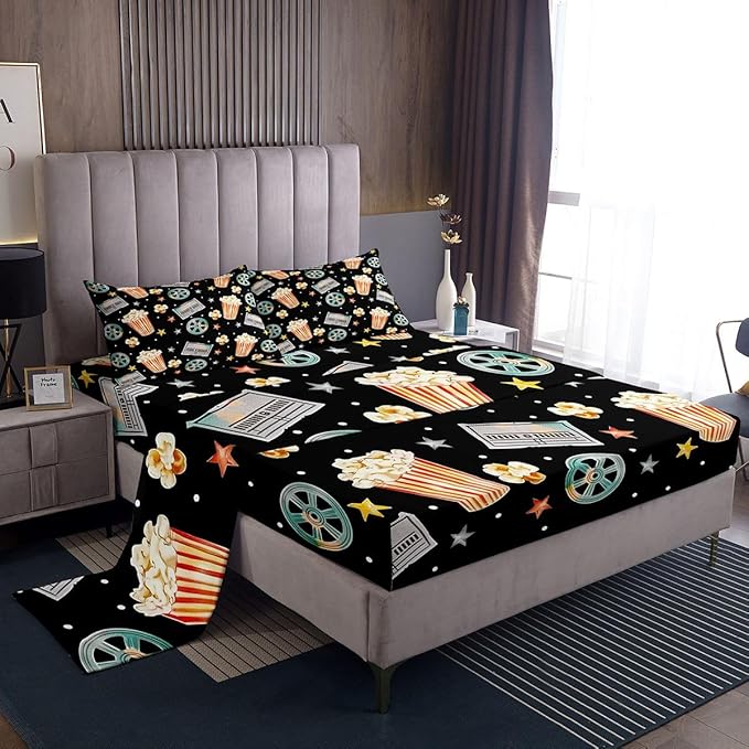 Erosebridal Vintage Cinema Theme Bed Sheets Set Full Size for Kids Boys Girls,Movie Ticket Popcorn Sheet Set,Film Reel Sheets,Grey Yellow Stars Top Sheet with 2 Pillowcases Deep Pockets