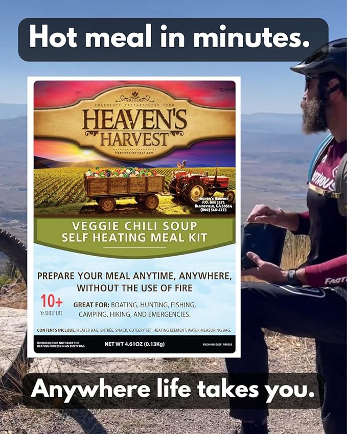 Heaven's Harvest Self-Heating Emergency Meal Kit (10 Year Shelf Life) — Tastier than MRE Meals & Ready-To-Eat in Minutes! Just add water to activate the “cooking” process. (Veggie Chili) (6-Pack)