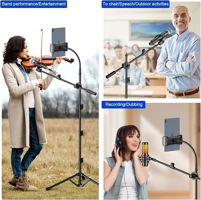 Mic Stand,6 In 1 Microphone Stand Floor Boom Mic Stand, Support Boom Gooseneck Mic Clips Tablet Phone Holder Any Combination With Mic Stand Bag