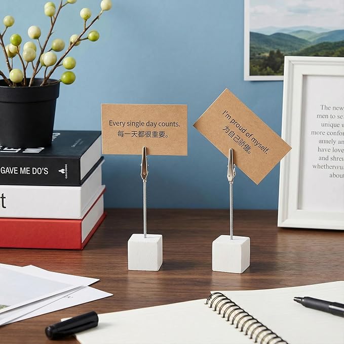Gersoniel 100 Pcs Cube Base Memo Clip Holder with Alligator Clip Wood Table Number Holder Cube Base Place Card Stand Mini Photo Menu Stand for Displaying Number Card (White)