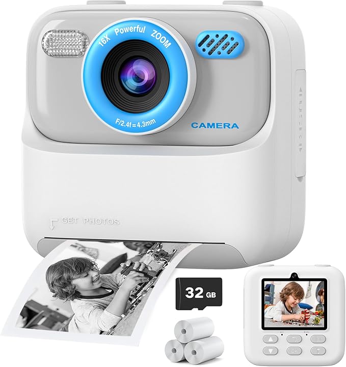 Kids Instant Digital Cameras for Boys and Girls, 1080P HD Dual-Lens Selfie Digital Camera with Print Paper & 32G Card, Christmas Birthday Gifts Toys for Toddler and Teenagers Age 3-16 Years Old