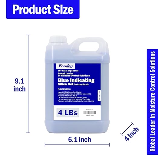 4LBS Fonday Blue Indicating Silica Gel Beads Desiccant Moisture Indicating Blue to Pink Reusable Industry Standard Bead Size 3 to 5mm