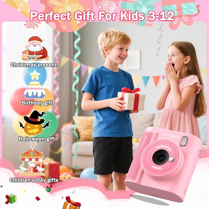 Zicor Kids Camera Instant Print for 3-12 Year Olds, HD Digital Instant Print Camera for Boys & Girls, Ideal Christmas Birthday Gift with 32GB SD Card, Easy to Use - Pink