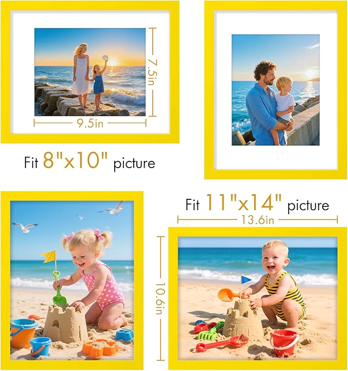 Vittanly 11x14 Picture Frame, Made of Solid Wood and Shatterproof Plexiglass, Display Pictures 8x10 with Mat or 8x10 without Mat, Wooden Photo Frame for Wall Mounting or Tabletop, Yellow, 1 Pack