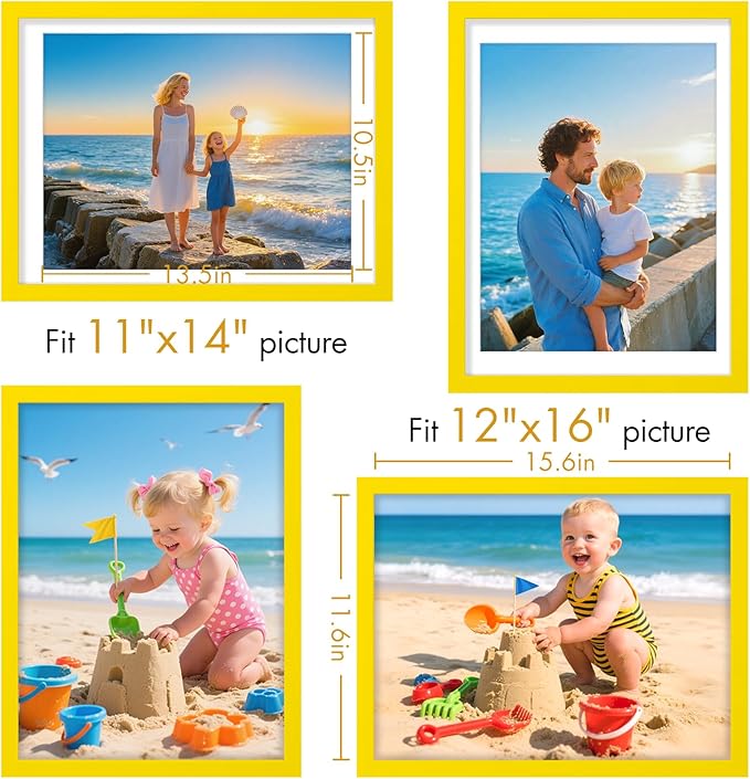 Vittanly 12x16 Picture Frame, Made of Solid Wood and Shatterproof Plexiglass, Display Pictures 11x14 with Mat or 12x16 without Mat, Wooden Photo Frame for Wall Mounting, Yellow, 1 Pack