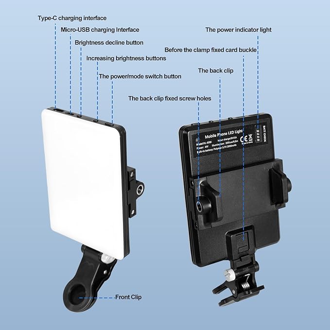 Selfie Light Portable 60 LED Rechargeable Video Conference Fill with Front & Back Clip and Adjusted 3 Modes for Phone, iPhone, IPad, Camera, Laptop, TikTok, Makeup, Live Stream, Vlog