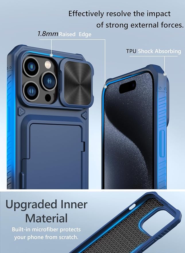 Vihibii for iPhone 15 Pro Max Case with Card Holder (4 Cards), Built-in 2X Tempered Glass Screen Protector & Slide Camera Cover & Kickstand, Military Grade Drop Protection, Rugged Wallet Case, Blue